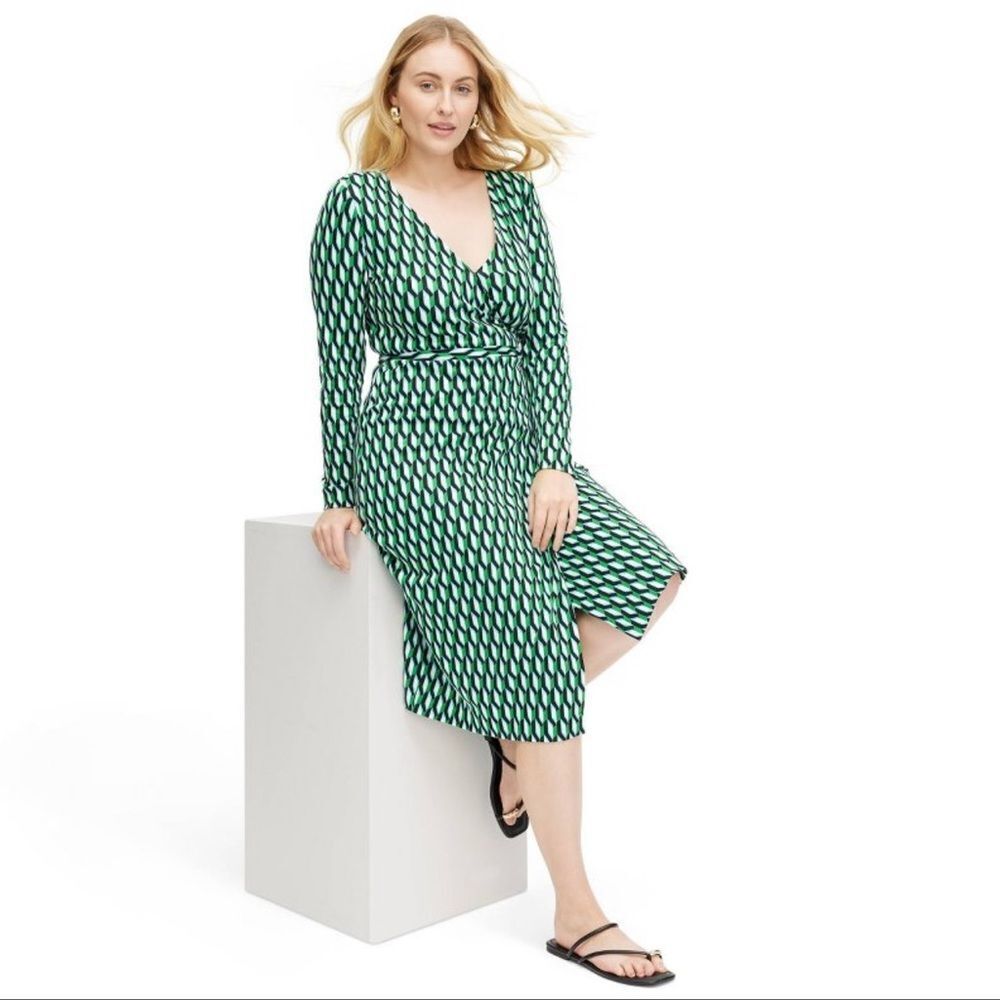 Diane Von Furstenberg Green Geometric Wrap Dress